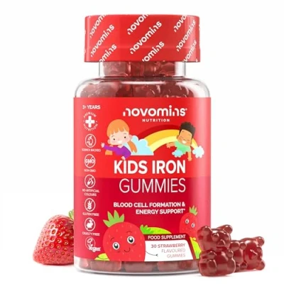 Image of Kids Iron Gummies Supplement for Energy &amp; Immune System Vegan 1 Month Supply Vitamins 30 Chewable Childrens by Novomins