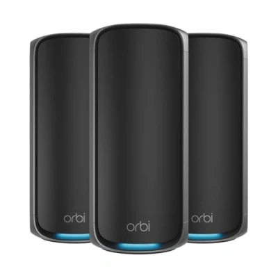 Image of NETGEAR Orbi Quad band WiFi 7 Mesh System RBE973SB, Router Plus 2 Satellite Extenders, Coverage up to 10,000 sq. ft. &amp; 200 Devices, 10 Gbit Internet Port, BE27000 802.11be (up 27Gbps)