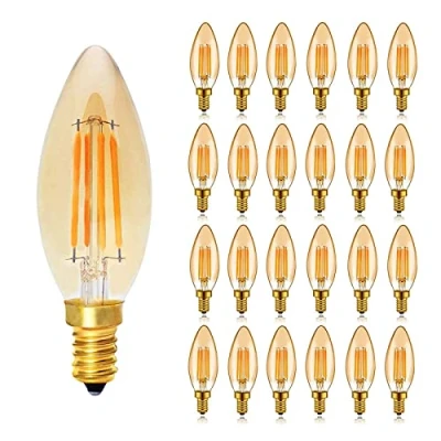 Image of E14 LED Candelabra Light Bulbs, 4W Dimmable Chandelier Bulbs 40 Watt Equivalent Vintage Edison Style Base Filament Bulb 2200K Warm Yellow 400LM Amber Glass Torpedo Shape 25 Pack