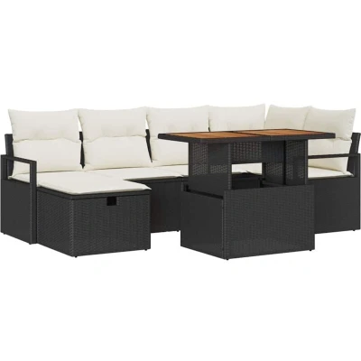 Image of vidaXL 7 Piece Garden Sofa Set with Cushions Black Poly Rattan