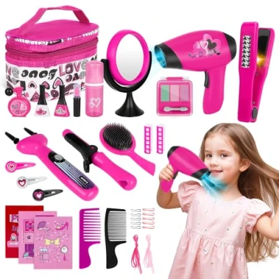 Image of deAO Hairdressing and Vanity Bag Beauty Set Girls Styling Pretend Makeup Accessories Playset Including Braiding Machine Hairdryer