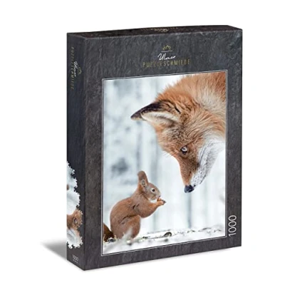 Image of Ulmer Puzzleschmiede Puzzle &quot;Fox and Squirrel&quot; Smart 1000 Piece Animal Squirrel Fox in Winter Forest Animals Set Quality Made Germany