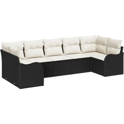 Image of vidaXL 7 Piece Garden Sofa Set with Cushions Black Poly Rattan