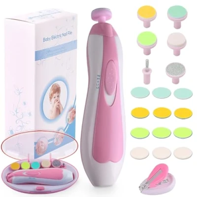 Image of Baby Nail Trimmer Electric File Clippers, 20 in 1 Safe Filer Grinder Kit for Newborn Infant Toddler Kids or Adults Toes Fingernails Care Trim Polish, Led Light and Grinding Heads