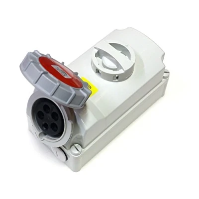 Image of 32 amp switched interlock 5 pin socket 380V 415V IP67 3P+N+E waterproof red triple phase interlocked connector 32A