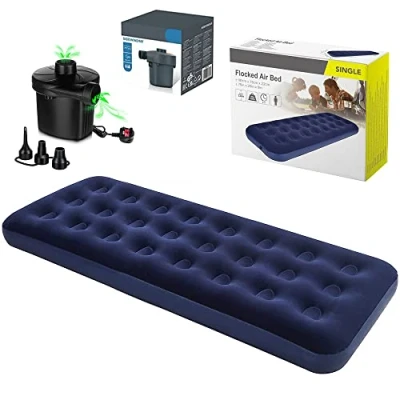 Image of Crystals Single Blow Up AirBed + Electric Air Pump, Quick Inflatable Mattress for Adults &amp; Kids, Waterproof Camping Mattress, Indoor Outdoor Adventures