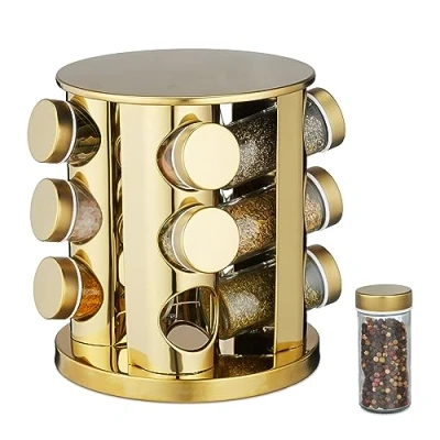 Image of Relaxdays Spice Carousel, 12 Herb Jars, 360 Rotatable, Stainless Steel, Glass, HxØ: 22 x 20cm, Round Counter Rack, Gold, 60% 30% 10% Plastic, 20 cm