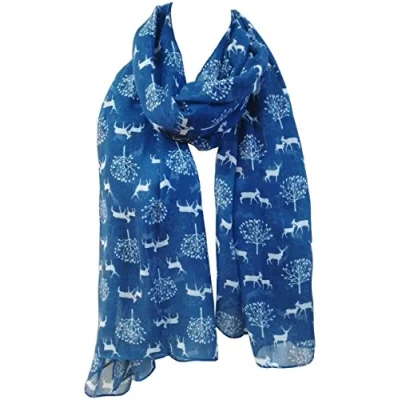 Image of GlamLondon Deer and Trees Scarf Christmas Reindeer Stag Ladies Large Festive Party Gift (Navy Blue)