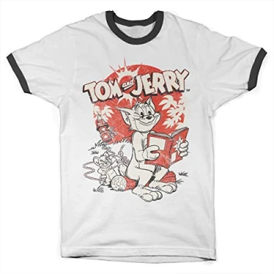 Image of Tom &amp; Jerry Officially Licensed Vintage Comic Ringer Mens T Shirt (White Black), XL