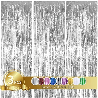 Image of 3Pcs Silver Metallic Tinsel Foil Fringe Curtains,3.28ft x 6.56ft Photo Booth Backdrop Streamer Curtain,Photo Props,Ideal for Bachelorette,Birthday,Christmas,New Year Party Decorations