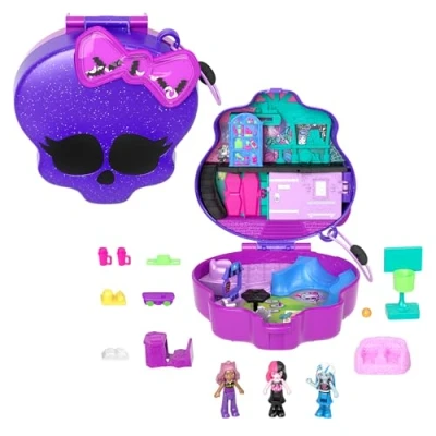 Image of Polly Pocket Monster High Playset with 3 Micro Dolls &amp; 10 Accessories, Opens to School, Collectible Travel Toy Storage, HVV58