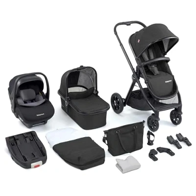 Image of Babymore Memore V2 Travel System 13 Piece Black 3 in 1 Pram System, Foldable, Reclining Baby Pushchair, Premium Pecan i Size Car Seat with ISOFIX Base &amp; Essentials, 0 4 Years Up to 22 Kg