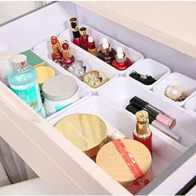 Image of HomeZone 8pc White Drawer Organiser Plastic Storage Separator Organisation Boxes Cutlery Organizer Kitchen Bedroom Bathroom Desk Office De Clutter Tidy
