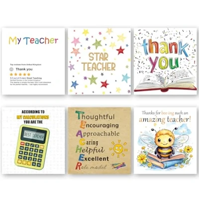 Image of Teacher Thank You Cards Multipack (Vol 3). Each Greeting Pack includes 6 Designs. 115 x 115mm. Blank Inside. Envelopes included. Made in UK.