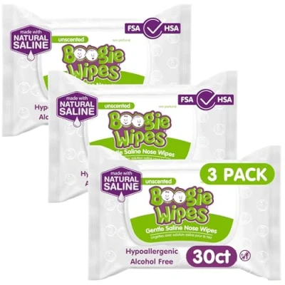 Image of Boogie Wipes 30 Piece Gentle Saline for Stuffy Noses Simply Unscented, 3 Count