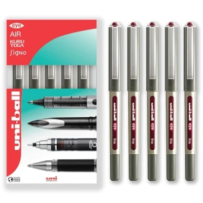 Image of uni ball EYE UB 157 Rollerball Pens 0.7mm Nib Red Wine Pack of 5 in Gift Box