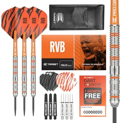 Image of TARGET Darts Raymond van Barneveld RVB 22G 80% Tungsten Steel Tip Set 9 Pro Grip Shafts Ultra Flights Dart Wallet Bundle