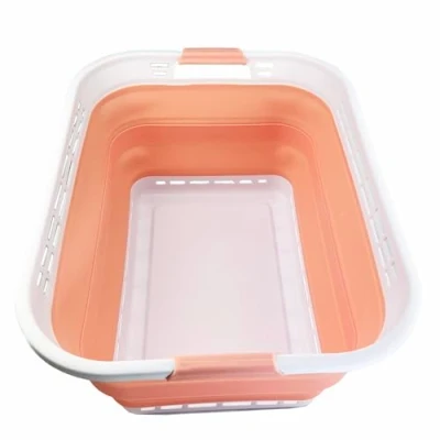 Image of SAMMART 42L Collapsible Plastic Laundry Hamper/Basket Foldable Storage Container/Organizer Portable Basket Easy Space Saving (White/Pearl Blush)
