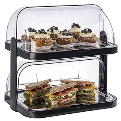 Image of APS Buffet display case &quot;Doppeldecker&quot; 2 transparent roll top bonnets that can be opened on both sides, stainless steel trays, 4 cooling accumulators, space saving storage Made in Germany