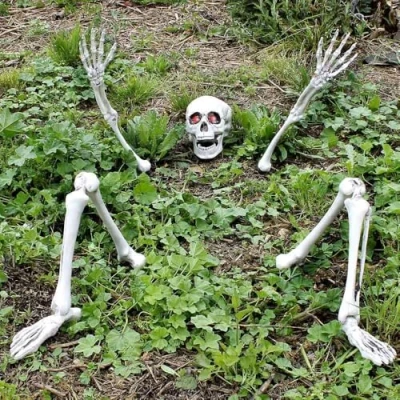 Image of Skeleton Halloween Fancy Dress Decoration Prop with Light Up Eyes Ground Breaking Scary Party Decoration: Skull, 2x Arms &amp; Legs