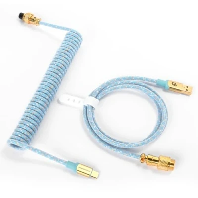 Image of MAMBASNAKE C03 Coiled USB C Cable for Gaming Keyboard, Nylon Braided Mechanical Keyboard with Detachable Metal Aviator, Double Sleeved, Pro Custom Type Charging Light Blue