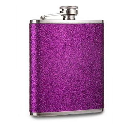 Image of Prime Homewares 8oz Stainless Steel Plain Glitter Hip Flask Ladies Whisky Flasks (Purple Glitter)