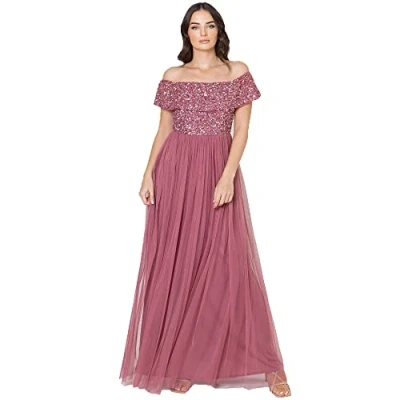 Image of Maya Deluxe Women&#039;s Ladies Bardot Dress Maxi Embellished Hight Empire Waist Sleeveless Tulle for Wedding Guest Prom Graduation Bridesmaid, Desert Rose, 24