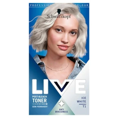 Image of Schwarzkopf LIVE Post Bleach Hair Toner, Ice White Semi Permanent Colour for Cool Blondes, Blonde Toner Neutralises Brassiness and Yellow Tones up to 16 Washes