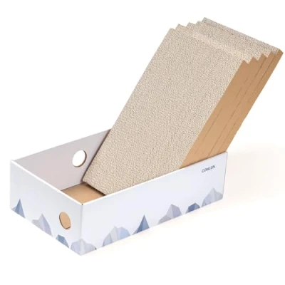 Image of Conlun Cat Scratcher Box with Scratching Board Portable Cardboard Lounger for Pet Heavy Duty Double Sided Scratchers and Interactive Hole Design 42x25x12cm (Large 5 Package, White)