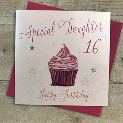 Image of white cotton cards &quot;Pink Cupcake, Special Daughter 16 Happy Birthday Handmade 16th Card, White, WB188