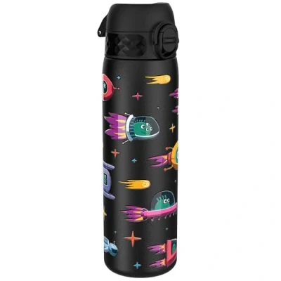 Image of Ion8 Steel Water Bottle, 600 ml/20 oz, Leak Proof, Easy to Open, Secure Lock, Dishwasher Safe, Flip Cover, Fits Cup Holders, Carry Handle, Durable, Metal Raised Print, Spaceships Design