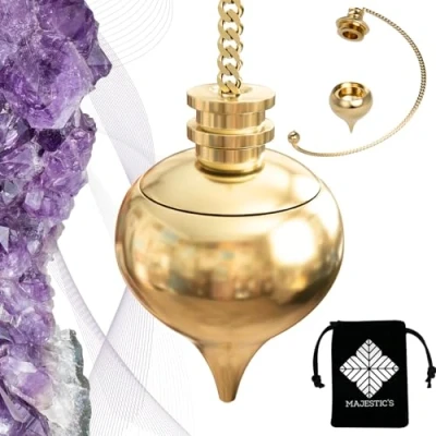 Image of Majestic&#039;s Dowsing Pendulum ABBE MERMET with WITNESS CHAMBER in Brass Metal (36 Gr) for Divination, Healing, Chakra, Spirituality Water Drop