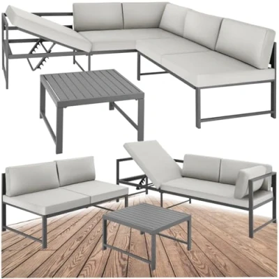 Image of TecTake® Garden Furniture Set 2 Sofas &amp; 1 Table with Aluminium Frame, Thick Cushions, Adjustable Backrest, Water repellent Covers Floor Protective Feet Patio Light Grey