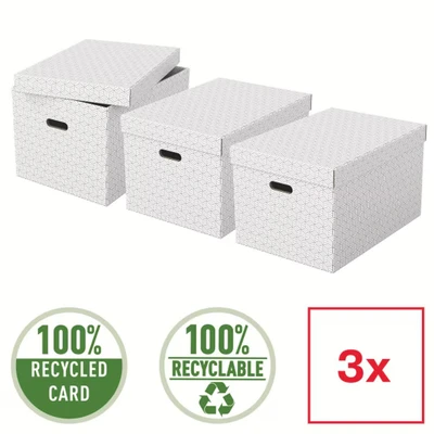 Image of Esselte Large Storage Box With Lid, Pack Of 3, Home/Office &amp; Organisation, 100% Recycled Cardboard, Recyclable, Geometric Design, White, 628286