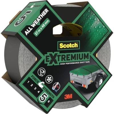 Image of Scotch Extremium Duct Tape All Weather, 27m x 48 mm Extra Strong Adhesive, Ideal for Outdoor Repairs, Waterproof Backing, UV Resistant, Hand Tearable, Silver Gaffer