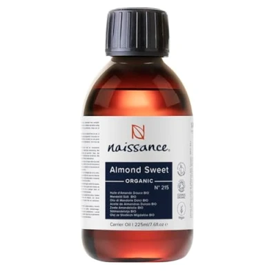 Image of Naissance Certified Organic Sweet Almond Oil (no. 215) 225ml for Skin, Hair, Massage, Nails, Ears, Face, Body, Stretch Marks Natural Skin Care, Cold Pressed, Unrefined, Carrier Oil, Aromatherapy