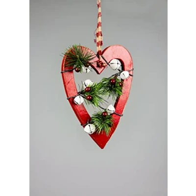 Image of SHATCHI 30cm Red Wooden Heart Wall Hanging Ornament Decorated with White Bells Berries and Pines Christmas Holiday Home Decorations, 23x1.2x30 cm