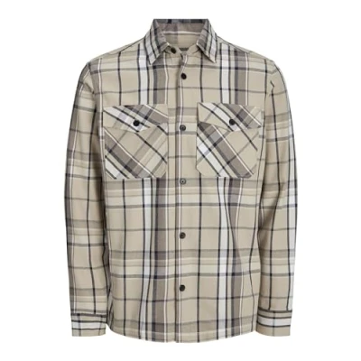 Image of JACK &amp; JONES Men&#039;s Jprccroy Spring Check Overshirt L/S Sn Shirt, Fields of Rye/Checks:Comfort Fit, M