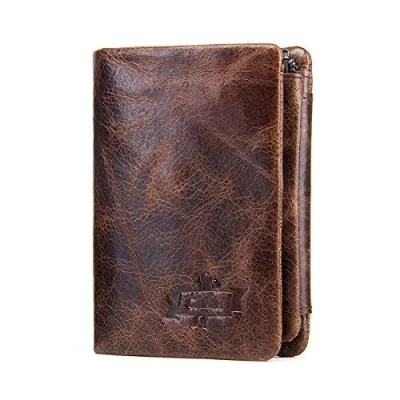 Image of Contacts Genuine Leather Mens Bifold Trifold Short Wallet Coin Zipper Purse Dark Brown