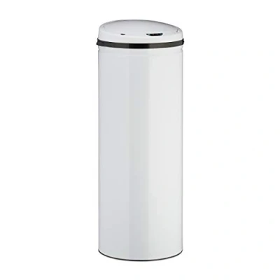 Image of Relaxdays 50 L Sensor Bin, Round Stainless Steel Wastebasket, Electric Lid, Automatic, Large, White, 80 x 32 30 cm