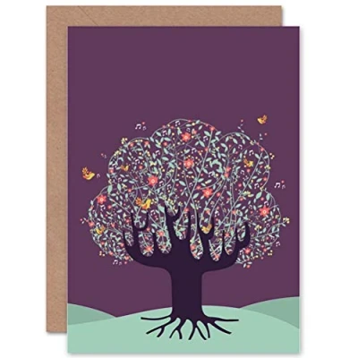 Image of Wee Blue Coo TREE BIRDS MUSIC NOTES PURPLE SKY BLANK GREETINGS BIRTHDAY CARD ART