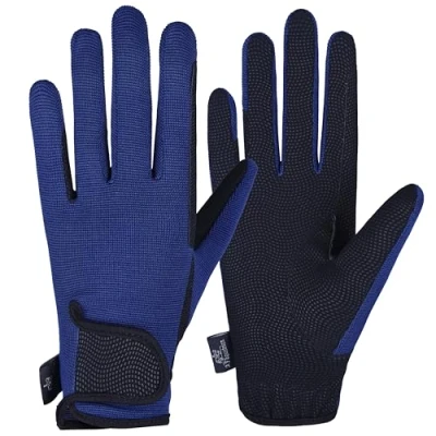 Image of AFE Ladies Horse Riding Gloves Track Fabric Synthetic Leather Equestrian Black Stretch Navy Blue (Small)