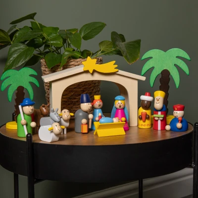 Image of Samuel ALEXANDER 24cm Wooden Christmas Nativity Scene Playset With Multi Coloured Figures