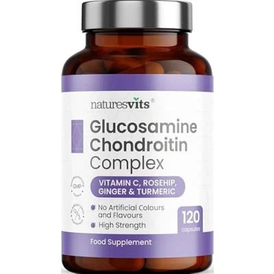 Image of NaturesVits Glucosamine and Chondroitin High Strength Supplement, 120 Capsules with Turmeric, Vitamin C Complex Sulphate Arthritis Joint Care for Women Men