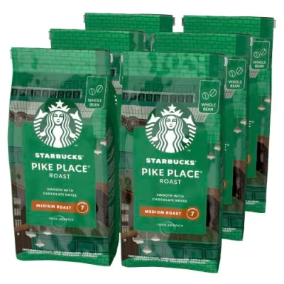 Image of STARBUCKS Pike Place Roast, Medium Whole Bean Coffee, 200 g (Pack of 6)