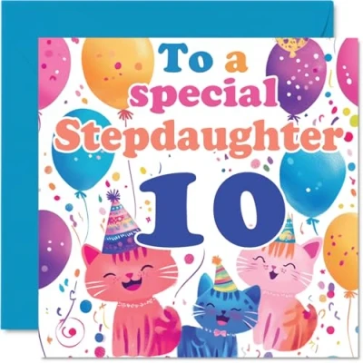 Image of 10th Step Daughter Birthday Card Cute Cats Special Happy for from Mum Dad, 145mm x Age 10 Ten Greeting Cards
