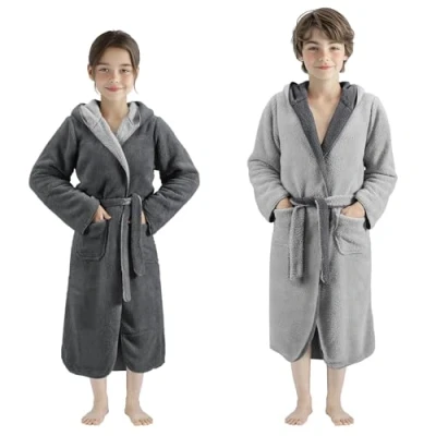 Image of HOMELEVEL Kids Fleece Dressing Gown Childrens Reversible Bathrobe for Boys or Girls Machine Washable Polyester Sherpa Robe with Hood Children