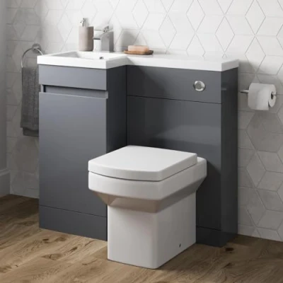 Image of Artis 900mm L Shape Bathroom Vanity Sink Unit Furniture Storage, Left Hand Gloss Grey + Basin Ceramic Square Toilet with Concealed Cistern