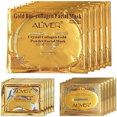 Image of 24K Gold Bio Collagen Crystal Face Mask + Eye Lip Mask, Anti ageing Skin Care (5pairs/set)