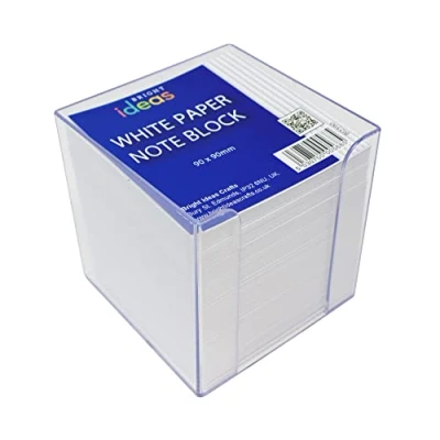 Image of Bright Ideas Note Block Clear Box Sheet Size: 9cm x 9cm, Pack of 700 Sheets. 80gsm White. Ideal Memo and Refill. Small Writing Paper for Message Pad School or Home Office. BI2390.